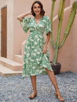 2025 Algodón estampado con cuello en V manga corta cintura Resort Beach Ds - details 1