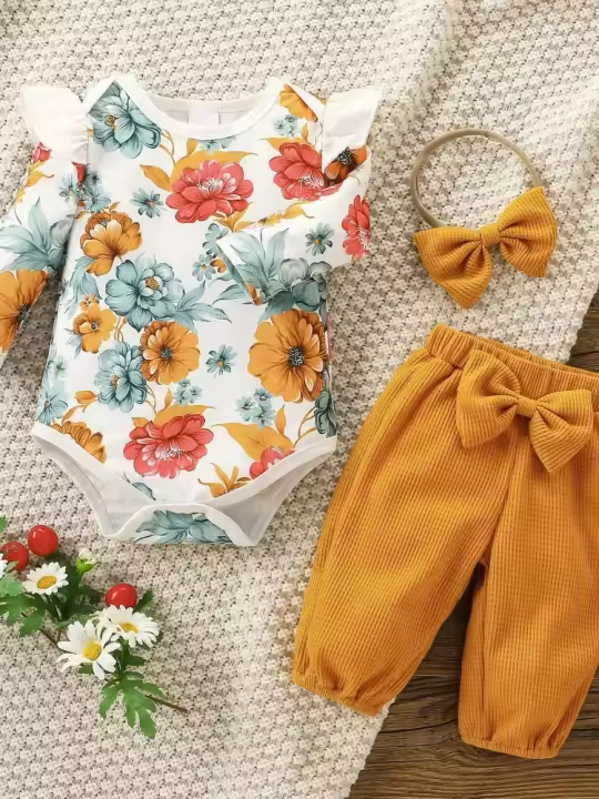 Conjunto de 2 piezas de verano para niñas con estampado floral de manga larga para traje casual - 1