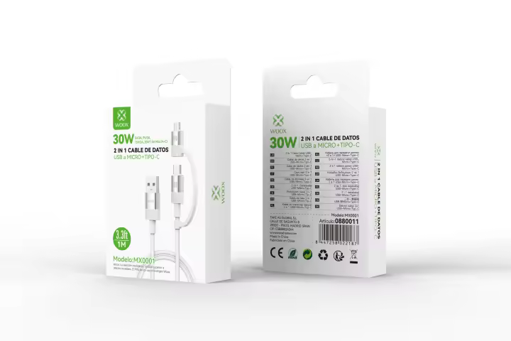 Cable de datos Woox 2 en 1 480MPS USB a Micro+Tipo-C A/C compatible con carga QC 30W 1m Blanco y Negro MX0001 Cable USB C - 1