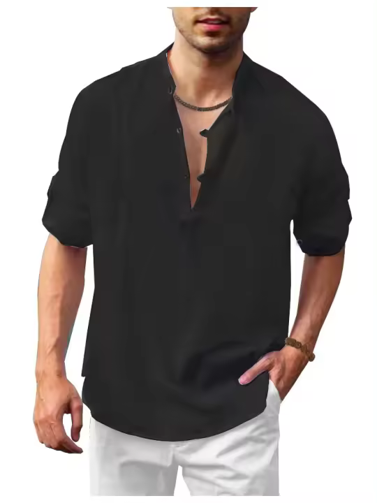 Camisa Henley de lino con cuello alto y manga larga, camisa informal de playa - 1