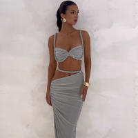 BUNO-Conjunto de 2 piezas de tejido para mujer, camisolas cortas plisadas lisas impresionantes + faldas largas de cintura alta, traje de vacaciones de tendencia femenina - details 7