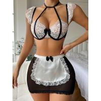 Lencería Sexy para mujer, conjunto de sujetador de encaje con realce, ropa interior, disfraz de sirvienta con aros - details 16