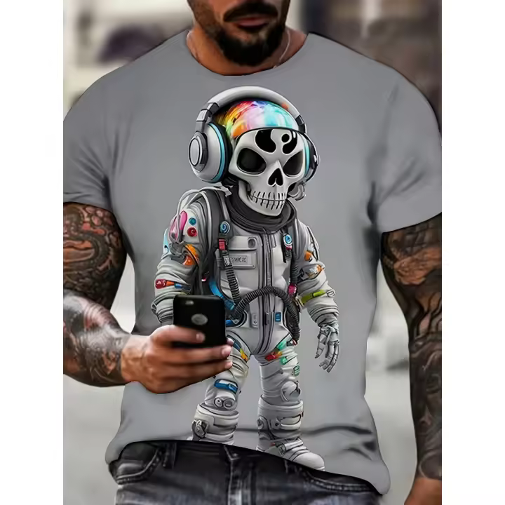 Camiseta con estampado de esqueleto para hombre, camiseta informal de manga corta con cuello redondo, ropa de hombre para exteriores - 1