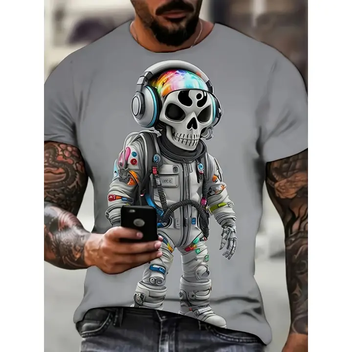 Camiseta con estampado de esqueleto para hombre, camiseta informal de manga corta con cuello redondo, ropa de hombre para exteriores - 1