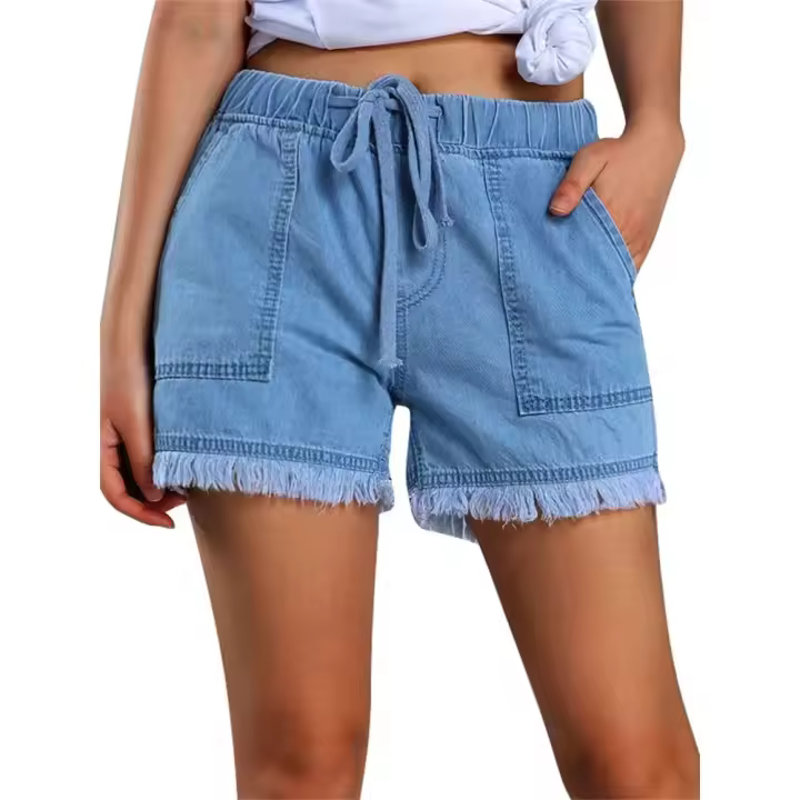 Pantalones Cortos de Mesa para Mujer Pantalones Vaqueros Sueltos con Cordón, Cintura Elástica, Dobladillo Deshilachado, Bolsillos - 1