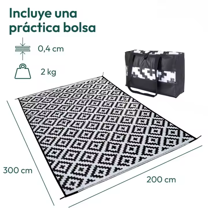 Alfombra Exterior Resistente a la Intemperie Elegante Alfombra de Balcón Impermeable y Resistente a los Rayos UV - Alfombra Negra Reversible Incluye Bolsa de Transporte - 300x200cm - 1