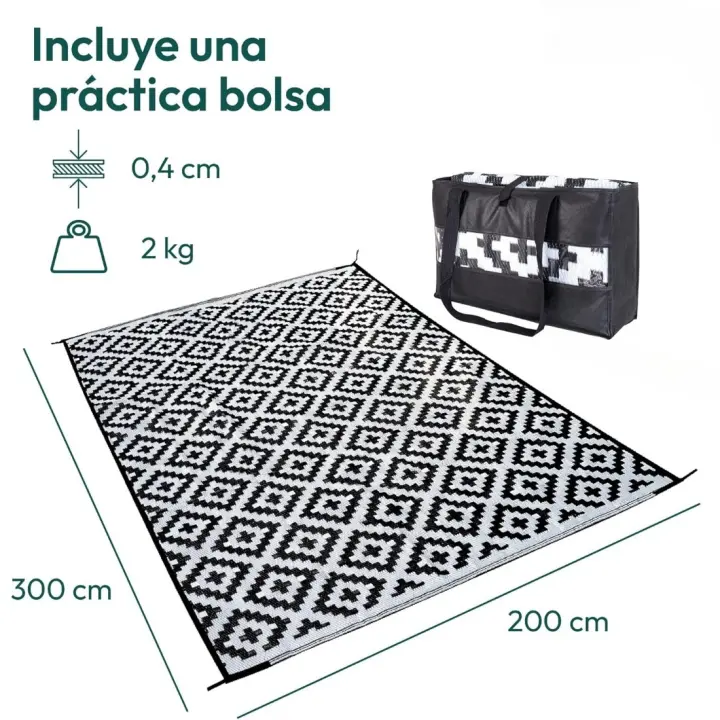 Alfombra Exterior Resistente a la Intemperie Elegante Alfombra de Balcón Impermeable y Resistente a los Rayos UV - Alfombra Negra Reversible Incluye Bolsa de Transporte - 300x200cm - 1