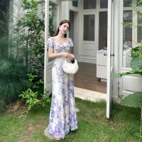 Pausa para el café Vestido floral de verano con suave viento francés, hombro de una palabra con cuello en V Un vestido de péndulo JY25242 - details 5