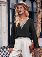 Blusa de retazos de encaje hueco para mujer, elegante camisa de manga larga para oficina, Tops elegantes sólidos sueltos, ropa de moda de otoño - details 8