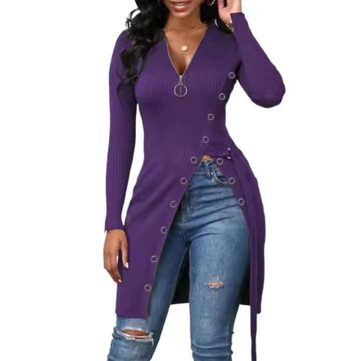 Top con cuello en V para mujer, camiseta con cremallera de hilo alto, top informal con mangas largas a la moda para mujer - 1