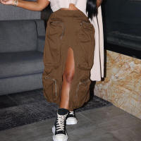 BUNO-Falda larga de cintura alta con cremallera para mujer, faldas Cargo informales con bolsillos grandes, abertura frontal, holgada, recta, Midi, ropa de calle, estilo Safari, 2025 - details 15