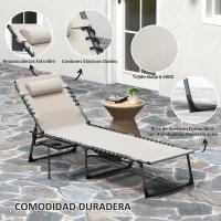 Plegable Jardín Exterior con Respaldo Ajustable Reposacabezas Bolsillo Lateral Banja y Estructura Acero Carga 120 kg para Terraza Piscina Playa 190x60x31 cm Crema - details 1
