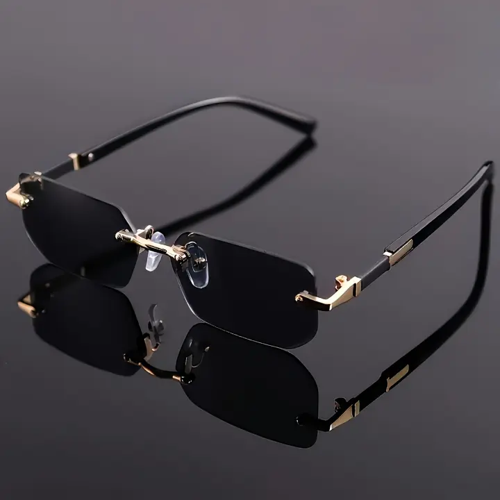 1pc Gafas de hombre cuadradas sin montura, moda casual Hip Hop, lente de PC negro con función de espejo, marco de aleación de metal precioso sin plateado, joyería decorativa para uso ordinario - 1