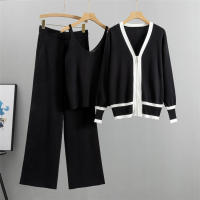 Nuevo En 2023 Conjunto De Moda Para Mujer 3 Piezas Vest Top + Chaqueta De Cremallera Larga + Pantalones Con Cintura Elástica Traje De Pista Tejido - details 2