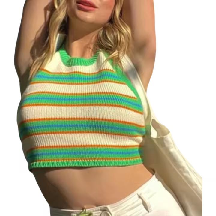 Dourbesty Y2K Chaleco Tejido con Cuello Halter Top a Rayas Bonito, Shorts Sexys sin Espalda, Camiseta de Playa Envuelta - 1
