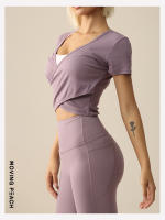 Camiseta deportiva de manga corta para mujer, Top ligero de Yoga, detalle envolvente frontal, suave y transpirable, BTM - details 5