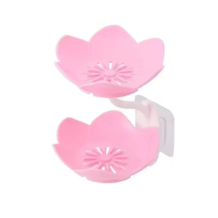 Caja de jabón con forma de loto de plástico, soporte de jabón de doble capa montado en la pared con forma de flor, jabonera antideslizante sin perforaciones, drenaje de agua - 1