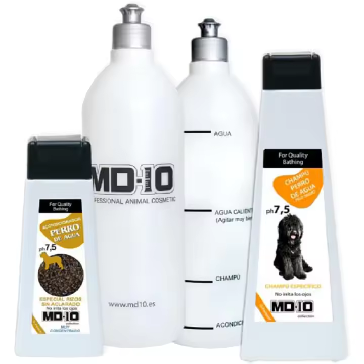 Pack Productos para Perros de Agua Pelo Negro - Champú para Perros 750 ml, Acondicionador para Perros 300 ml, 2 Botellas Mezcladoras - Vegano y Biodegradable - Fabricado en España - COLECCIÓN MD-10 - 1