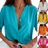 Verano Color Sólido, Cuello En V Levantado, Mangas Cortas, Botones, Camisa Casual, Blusa De Media Alfombra para Mujer Con Corte 3D - details 17