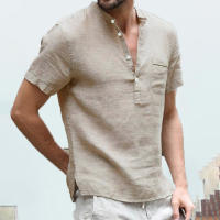 Novedad de verano, superventas, camiseta de algodón y cáñamo para hombre, camisa de manga corta sencilla semiabierta con botones y cuello levantado - details 4