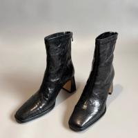 Piel de oveja completa rayada a mano nueva cabeza cuadrada tacones altos franceses delgados - details 9