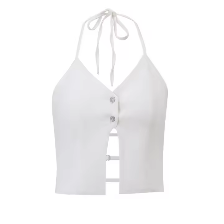 BUNO-Camiseta sin mangas con cuello Halter para mujer, ropa y2k de Color sólido, ajustada, sin mangas, espalda descubierta, chaleco con dobladillo con abertura, ropa de calle de los años 2000 - 1