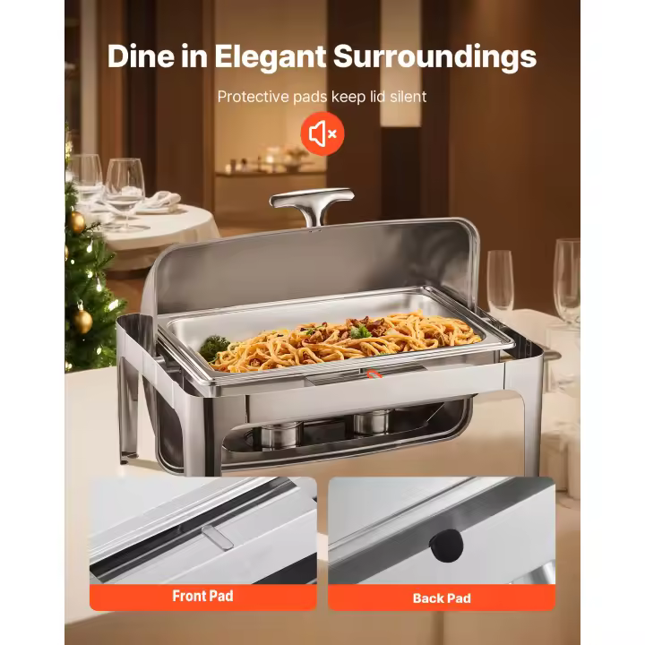 SucceBuy Juego de buffet con plato enrollable, chafer de acero inoxidable de 9 cuartos con sartén, calentador rectangular para catering con tapa, soporte y soporte para combustible, plateado - 1