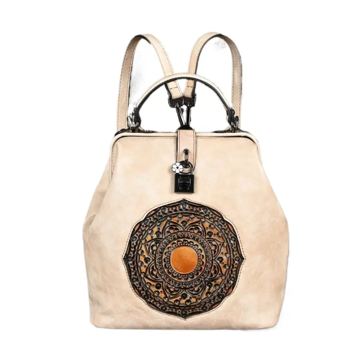 Mochila Vintage de cuero para mujer, bolso femenino con relieve, antirrobo, novedad de 2024 - 1