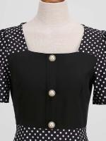 Women summer casual polka dot print short sleeve a line party vintage elegant midi dress - details 9