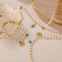 Pulsera estilo francés vintage para mujer: dije geométrico de perlas y turquesas, joyería retro de acero inoxidable de titanio - details 1