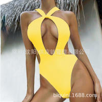 2025 nuevo bikini sexy de color sólido con cordones de una pieza con traje de baño negro ahuecado sin espalda para mujer - details 18