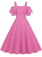 Vestido de fiesta Vintage elegante con hombros descubiertos, vestidos Midi de verano con lunares y volantes para mujer - details 22