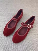 Zapatos de terciopelo para mujer, ropa de calle informal con puntadas a mano, bailarinas, zapatos de tacón de tela roja de Color sólido, mocasines - details 1