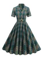 Elegante Vestido Midi de Moda Retro con Cuello Aretado Estilo Rockabilly a Cuadros Vintage para Mujeres Prenda de Otoño e Invierno con Cinturón - details 9