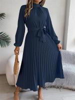 Vestido plisado elegante con cuello levantado y manga larga y cintura cerrada para mujer, vestido largo de Otoño Invierno - details 17