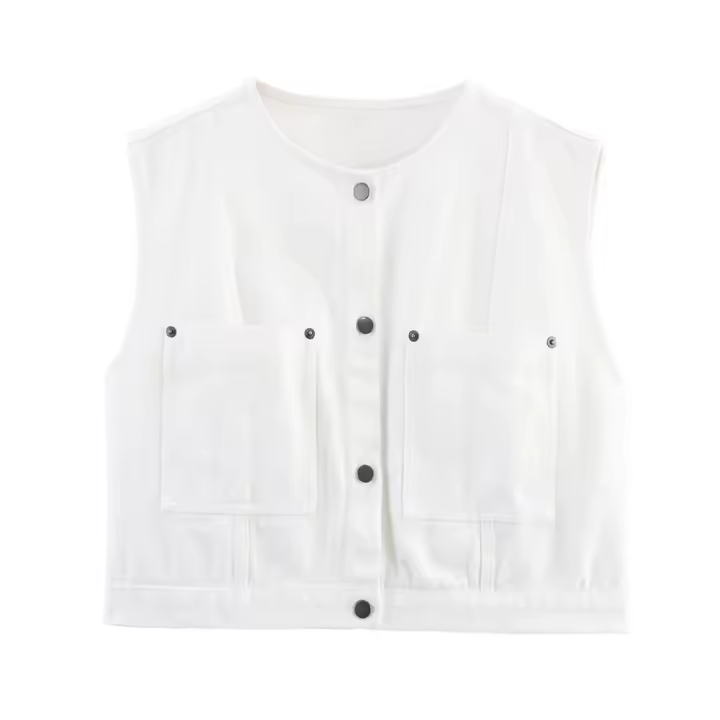 PB&ZA2025Moda chaleco vaquero informal holgado sin mangas con cuello redondo y botonadura sencilla para mujer, ropa de verano - 1