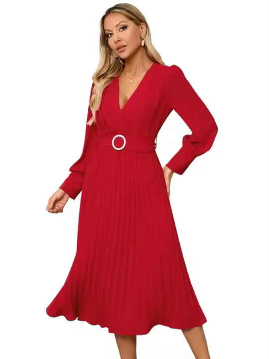 Vestido largo Vintage de manga larga con cuello en V para mujer, ropa de Color liso, primavera y otoño, 2025 - 1
