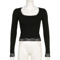 Camiseta corta negra con costuras de encaje Vintage para mujer, camiseta básica ajustada de manga larga, camiseta lisa informal - details 2
