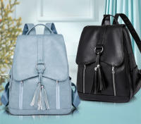 Mochila de piel sintética para mujer, con borla Bolso pequeño, informal, vintage, rosa, azul y negro - details 0
