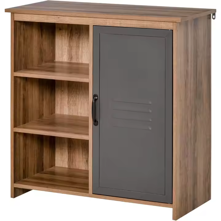 Mueble Auxiliar de Metal con Puerta 3 Estantes Abiertos y Armario con Puerta y Balda Ajustable para Sala de Estar Cocina Madera Natural - 1