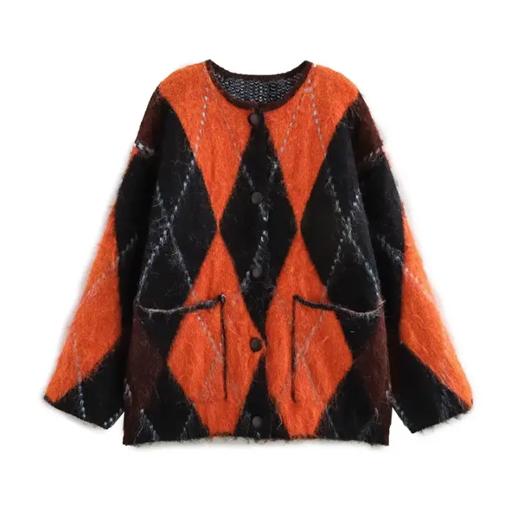 Mohair de colores contrastantes para mujer, suéteres casuales sueltos de manga larga, ropa de punto nueva para otoño e invierno - 1