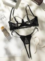 Conjunto de lencería de encaje floral erótico, sujetador abierto transparente y tanga con cadena, lencería sexy y ropa interior - details 9