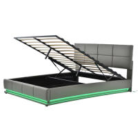 Cama de Almohada Tapizada 160 x 200cm LED, Rejilla Metálica, Caja de Cama, Doble Cama con Soporte de Cabeza Ajustable y Espacio de Almacenamiento Hidráulico Gris (Sin Colchón) - details 8