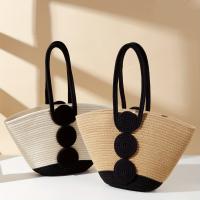 Bolso de Hombro de Paja Hecho a Mano Gran Capacidad, Diseño Elegante con Botones Decorativos - details 0
