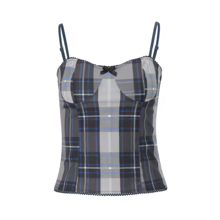 BUNO-Candyhot Plaid Patchwork ajustado Casual Spaghetti Strap Top Vintage Y2K sin mangas espalda descubierta camiseta sin mangas 2024 otoño ropa de calle Camis - 1