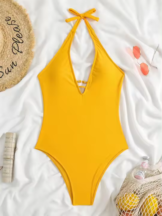 Traje de baño liso de una pieza con cuello en V para mujer, sexy, traje de playa de verano, - 1
