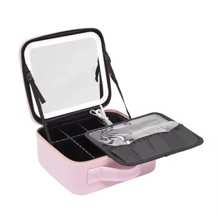 Organizador de cosméticos para mujer, caja de cosméticos con espejo y luz LED, 3 escenarios de color, brillo ajustable - 1
