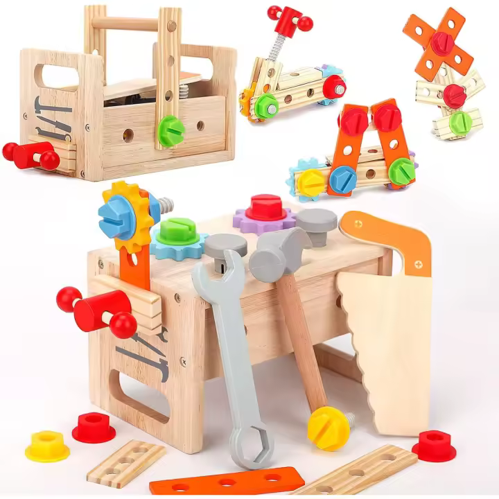 Caja Herramientas Juguetes Niños, 29 Piezas Juegos de Construcción de Madera, DIY Maletín Herramientas Juguetes, Juguete - 1