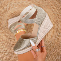 Sandalias de cuña de paja para mujer, clásicas, con banda elástica, de verano, nuevas, sencillas, versátiles, cómodas, a la moda, con tacones altos. - details 8