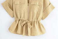 Conjunto de Pantalones Anchos para Mujer OUWU Dos Piezas, Cuello en V, Manga Corta, Traje de Safari, Pantalones de Cintura Alta - details 3